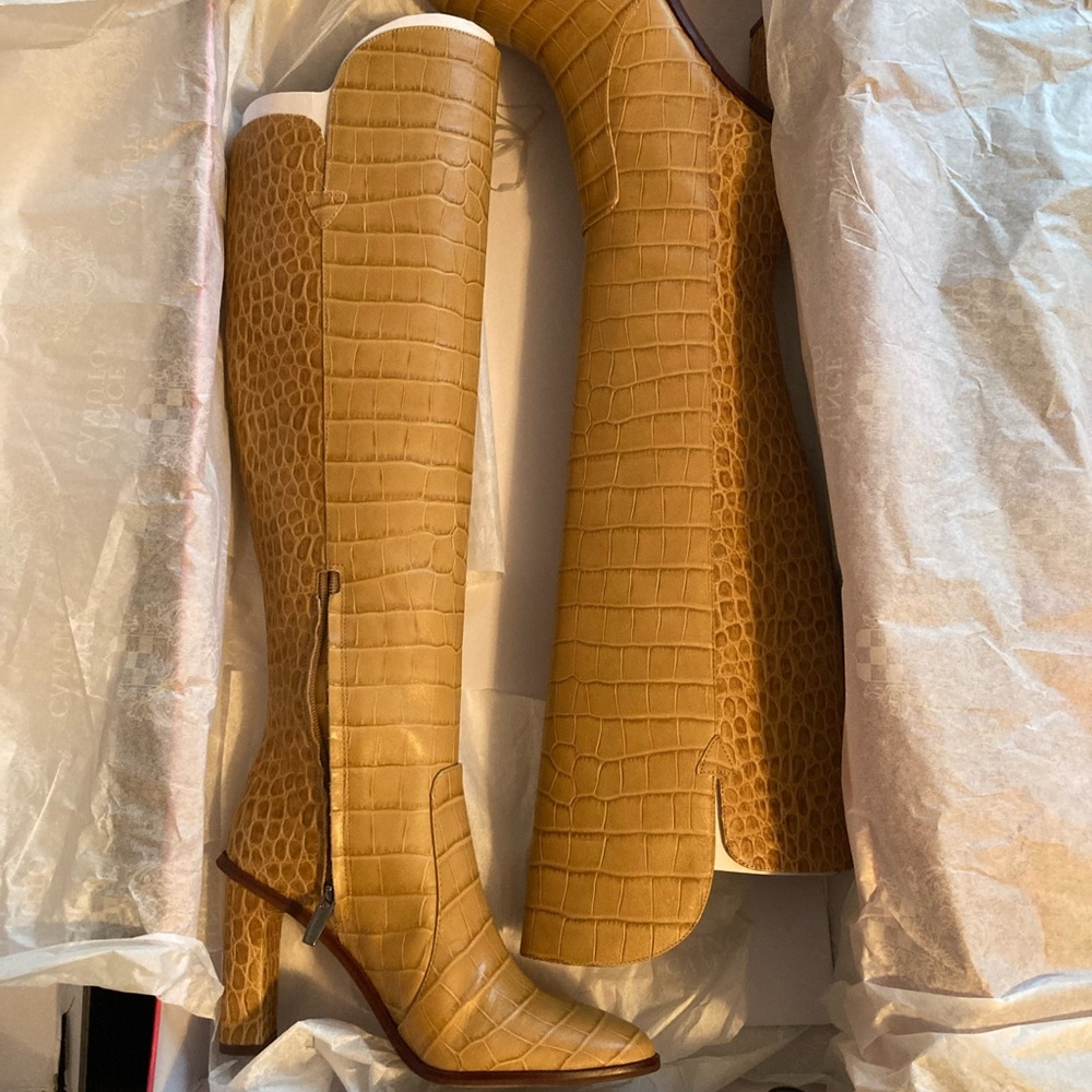 Tall Croc-Embossed Knee-High Boots in Camel